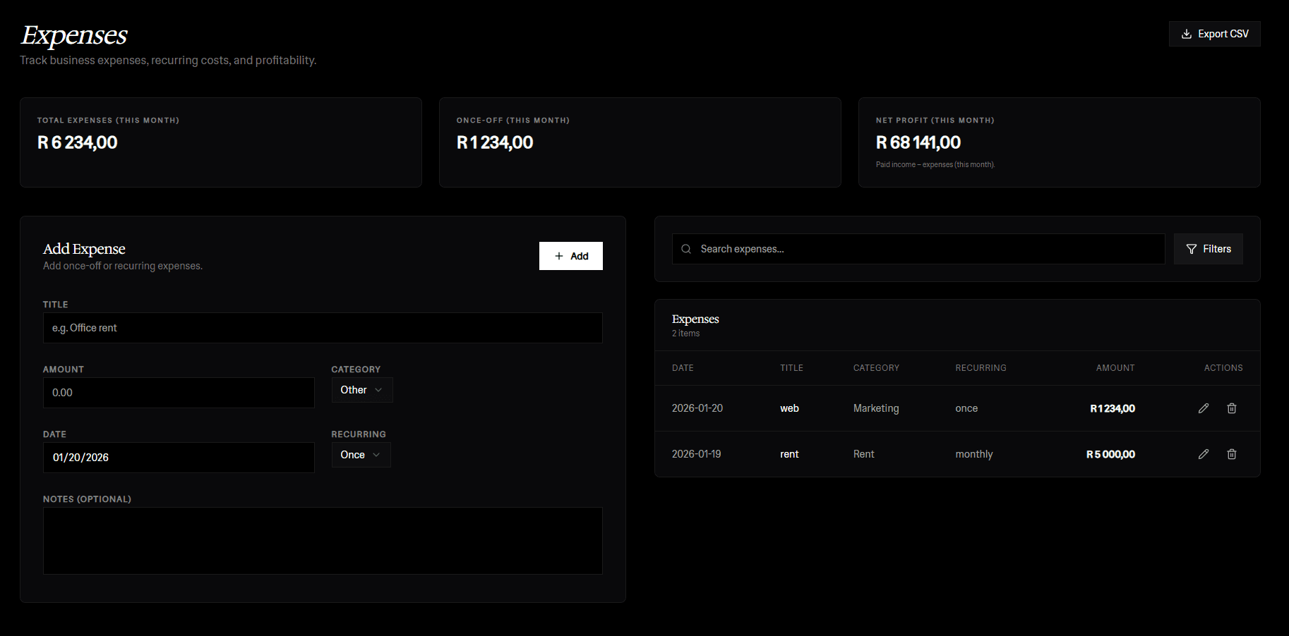 Illumi expense tracking dashboard showing total expenses, net profit calculation, and expense list with categories