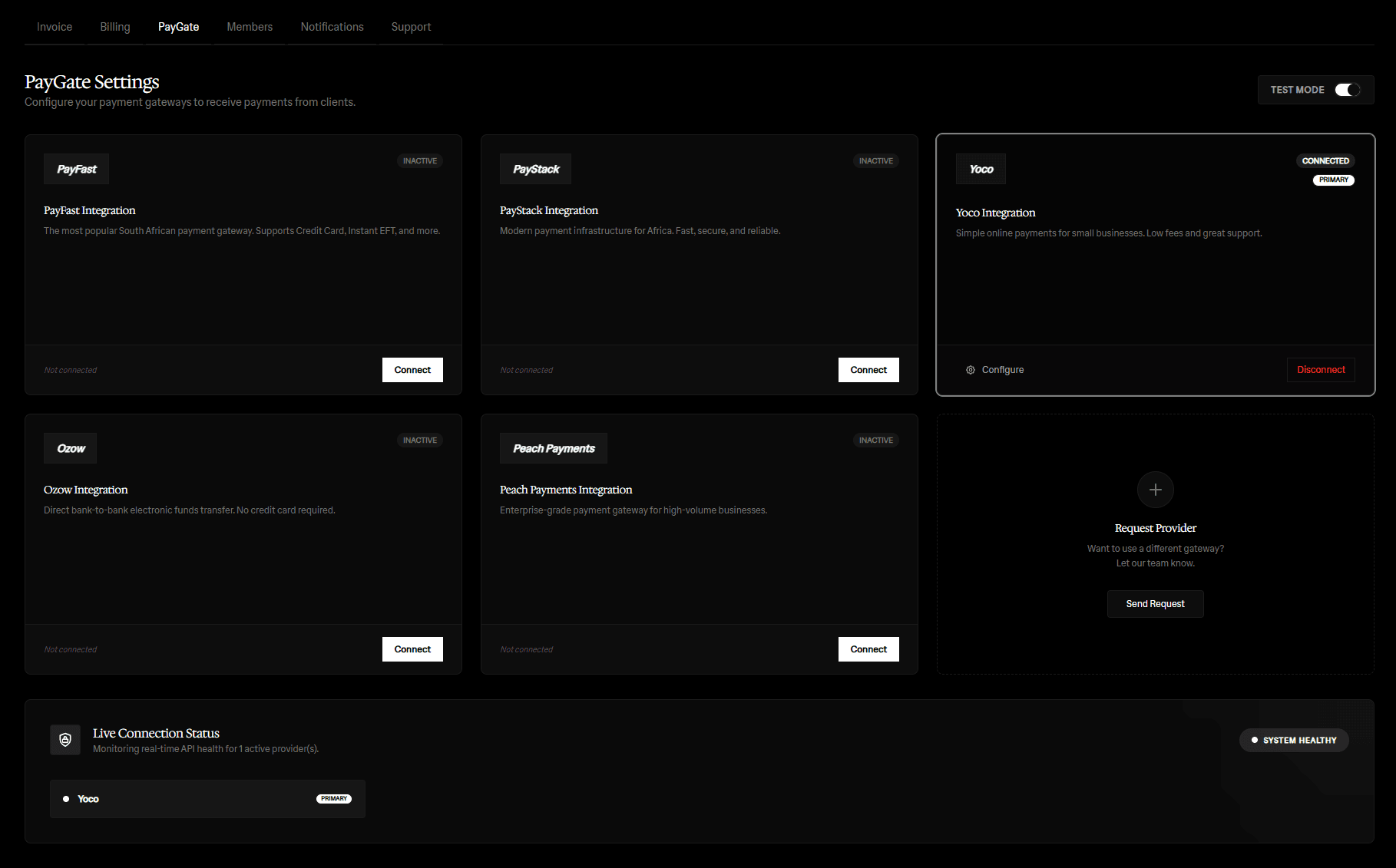 PayGate settings for online invoicing with PayFast, Yoco, PayStack, Ozow and Peach Payments in South Africa